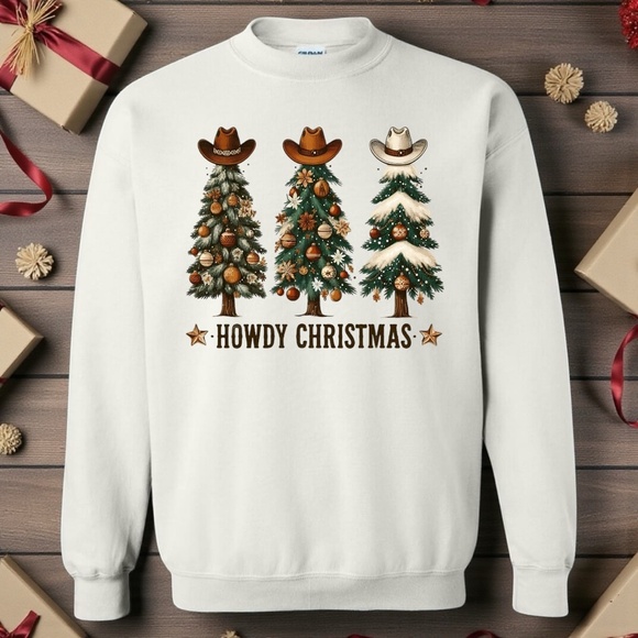 Christmas Tree Sweatshirt Howdy Christmas gifts Women Men soft fun cozy White - Picture 8 of 11